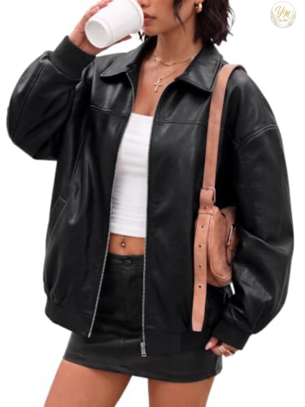 Women's Oversized Faux Leather Zip Up Bomber Jacket Long Sleeve